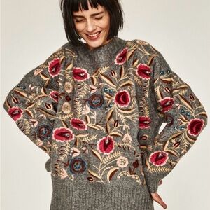 Zara Gray Sweater with Red and Blue Floral Embroidery